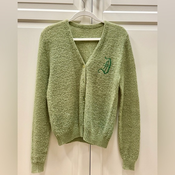 Vintage Sweaters - 1950s Sage Green Women's Cardigan Sweater Monogram D - V neck Very Good Cond.